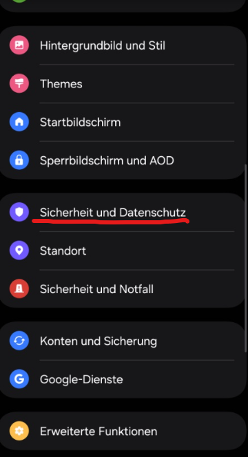 Einstellungen - Sicherheit und Datenschutz