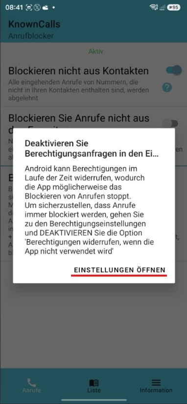 Hinweis und Einstellungen öffnen