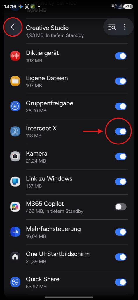 Intercept X Schalter in Einstellungen
