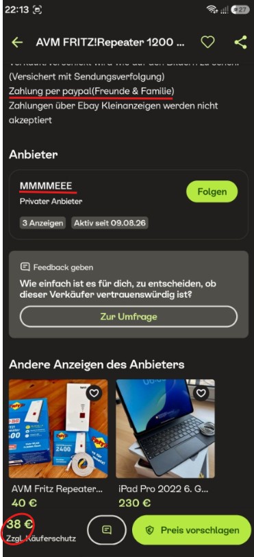 Beispiel Kleinanzeigen Betrug