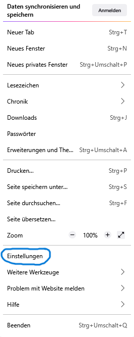 Firefox Menü Einstellungen PC