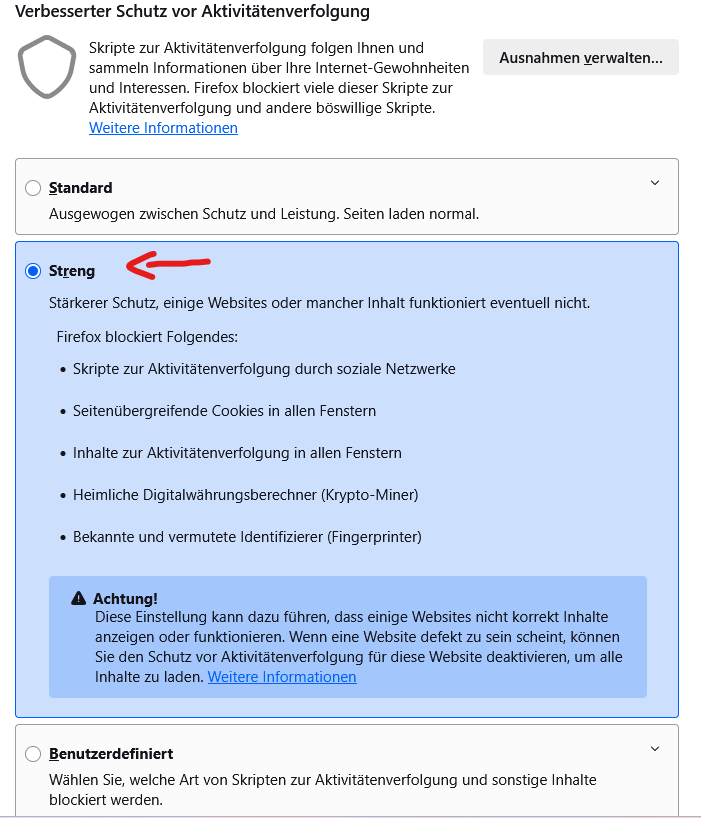Firefox Schutz auf Streng stellen PC