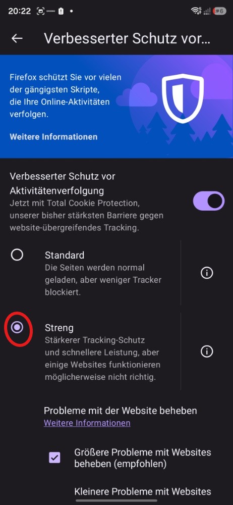 Schutz auf Streng stellen Android