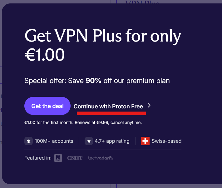 Continue with Proton Free wählen
