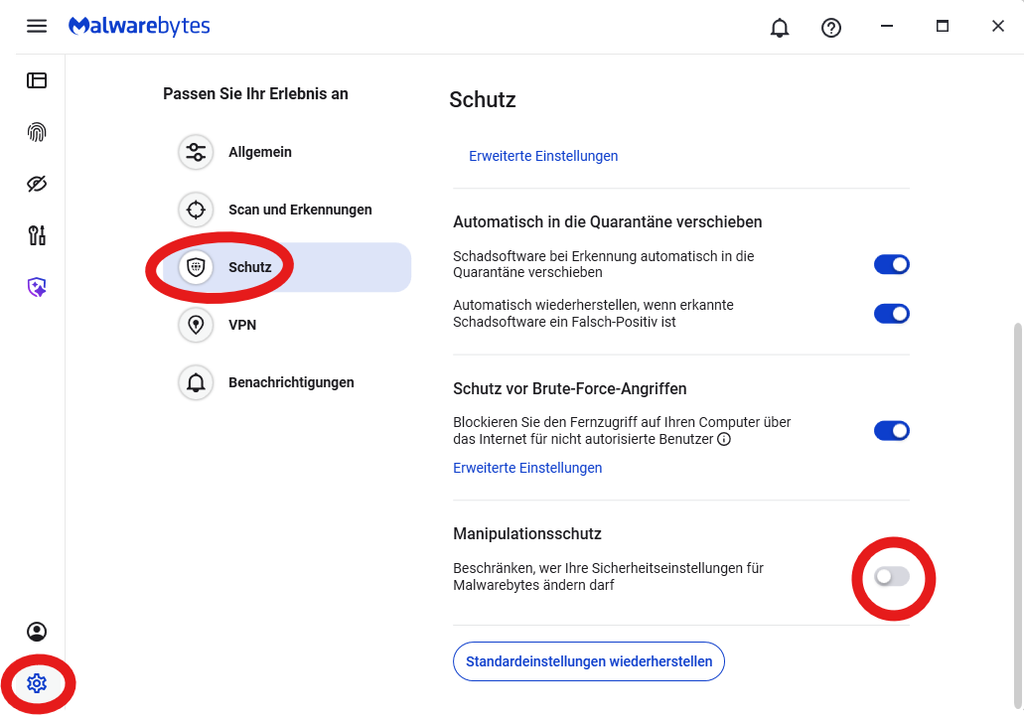 Malwarebytes Einstellungen Schutz und Manipulationsschutz